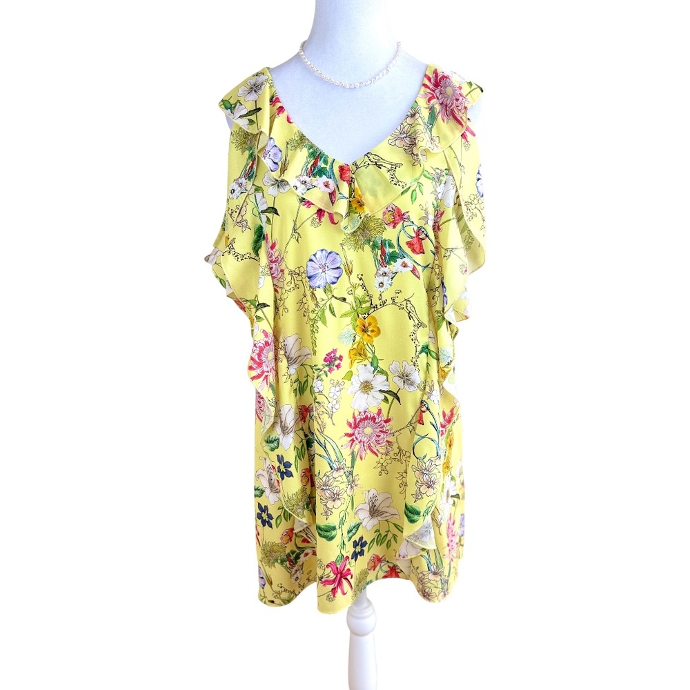 Parker Floral Dress Yellow Ruffle Shift Cold Shoulder (S) NWT